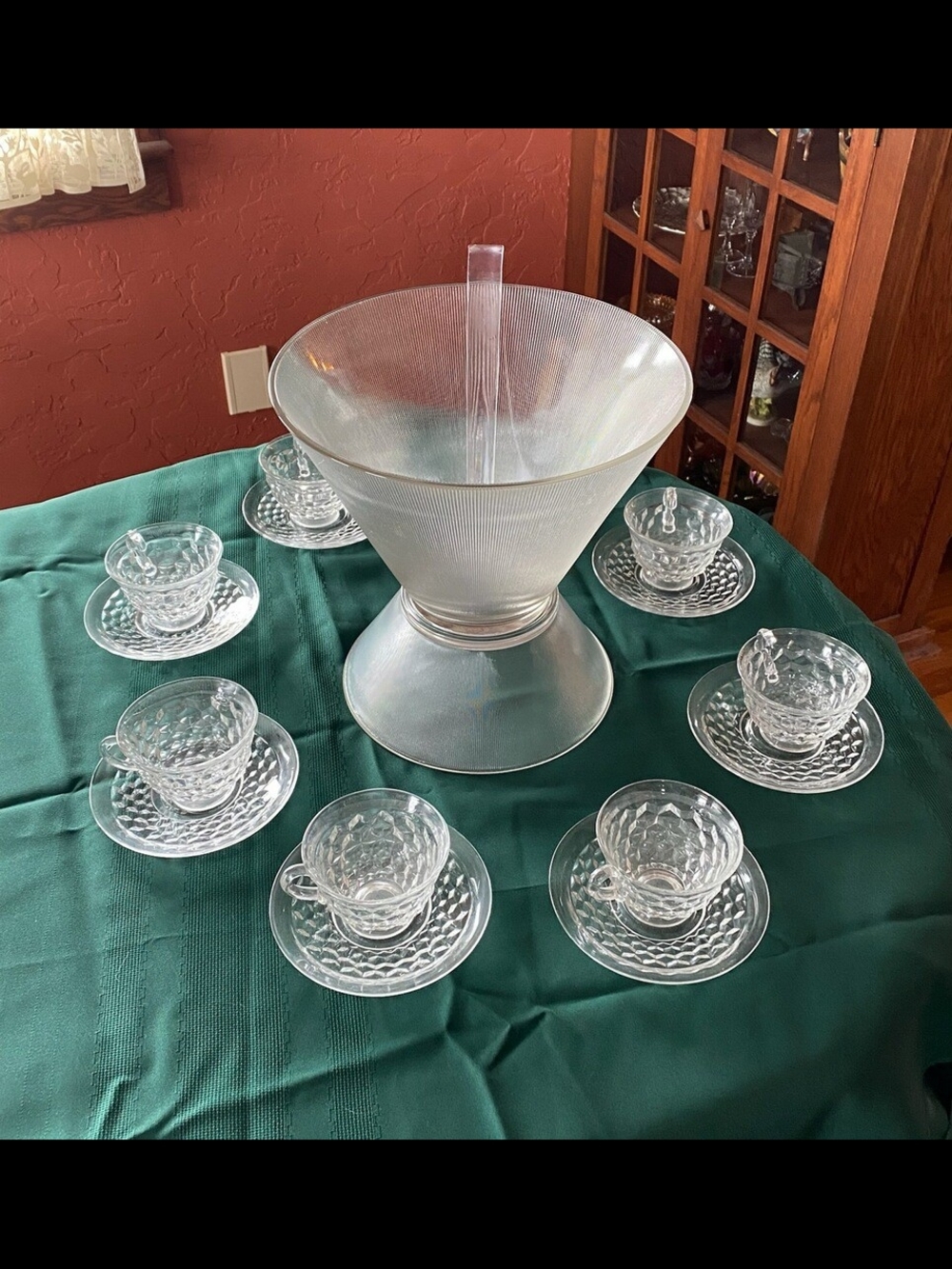 Vintage! Source Unknown Clear Glass Punch Bowl Set with Eight Cups and Saucers